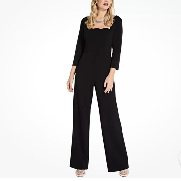 NWT Adrianna Papell 2 Black Scalloped Quarter Sleeve Wide Leg Jumpsuit - Picture 1 of 5